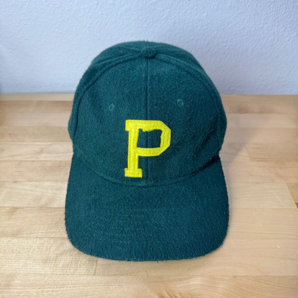 Portland Gear Green Wool Blend P Logo Baseball Cap Leather Strapback Hat *FLAW
